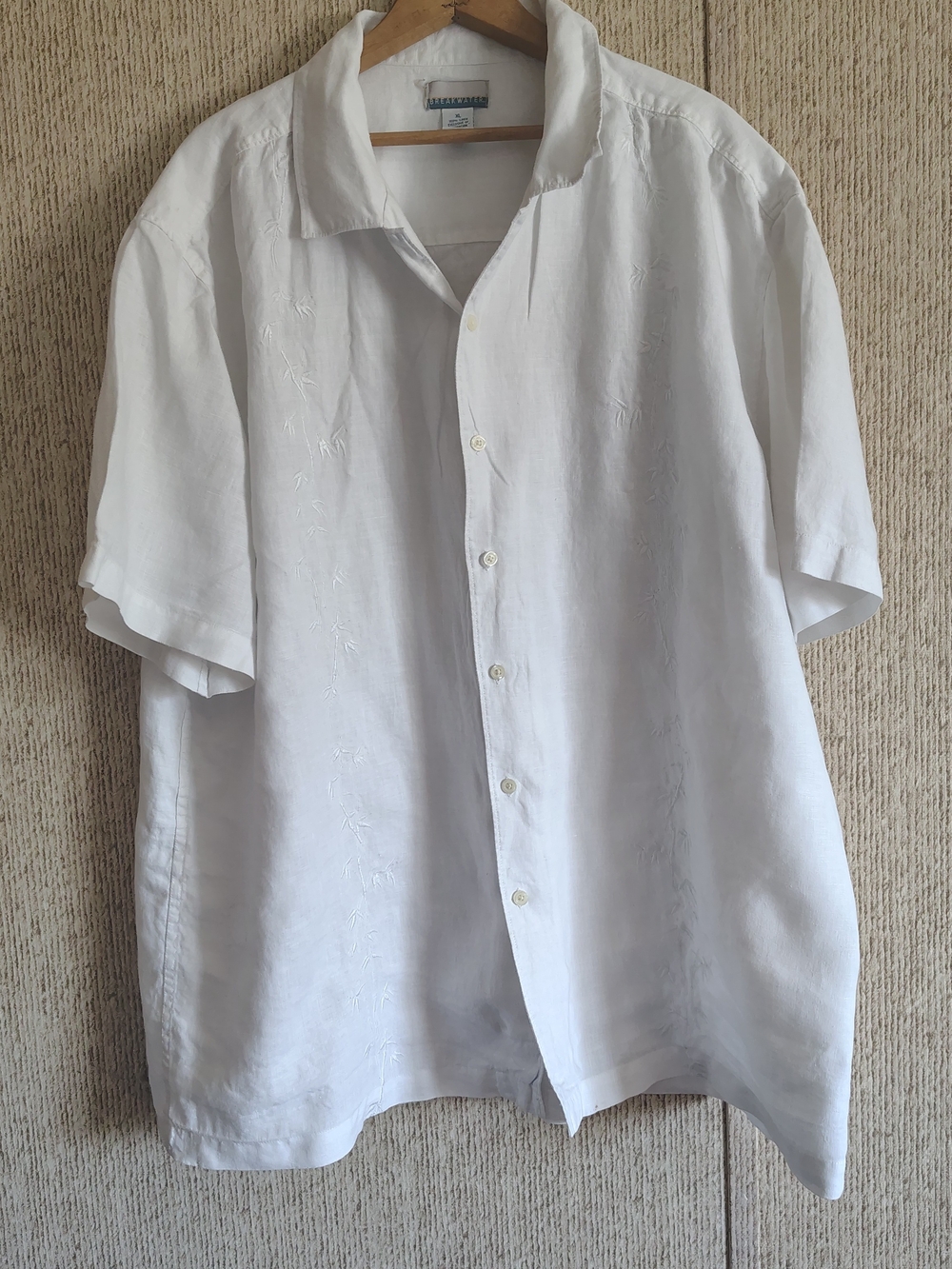 Breakwater White Linen Button Front Shirt With Embroidery, Men's Sz XL